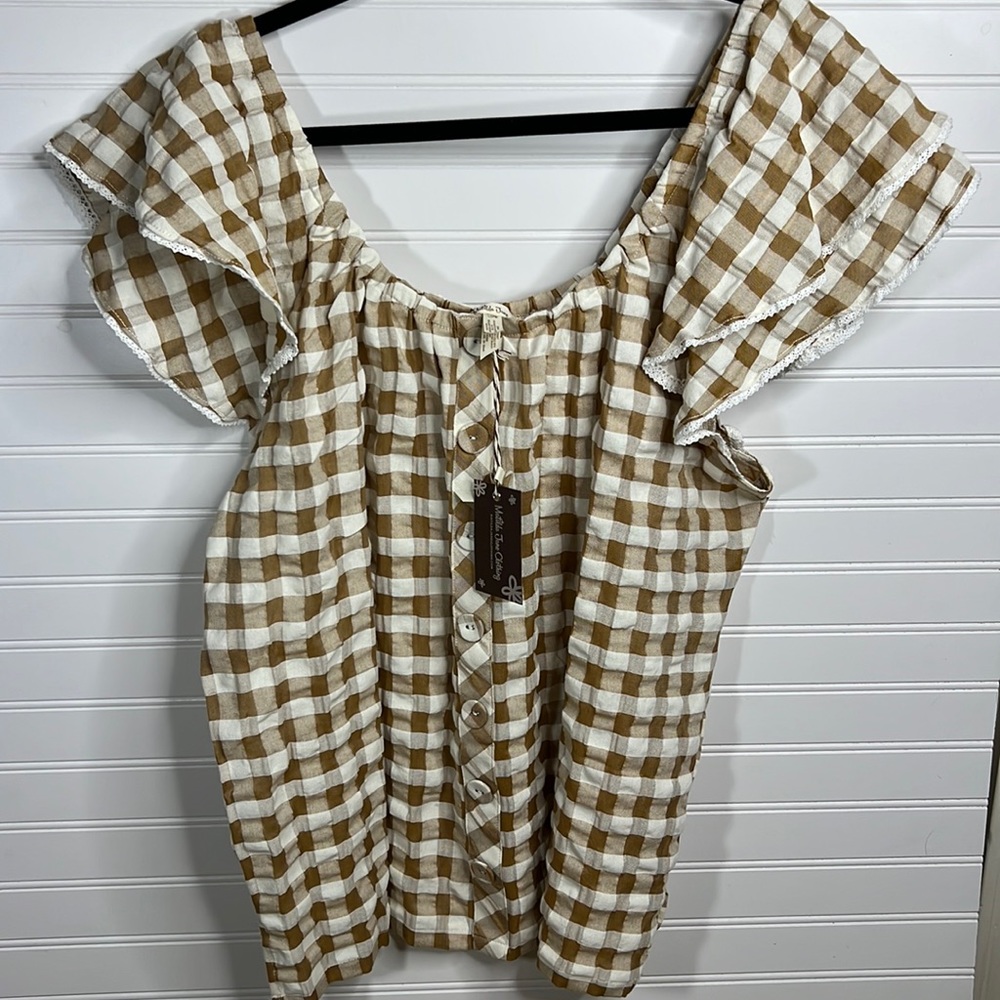 Matilda Jane Brown White Gingham Button Down Plaid XL blouse